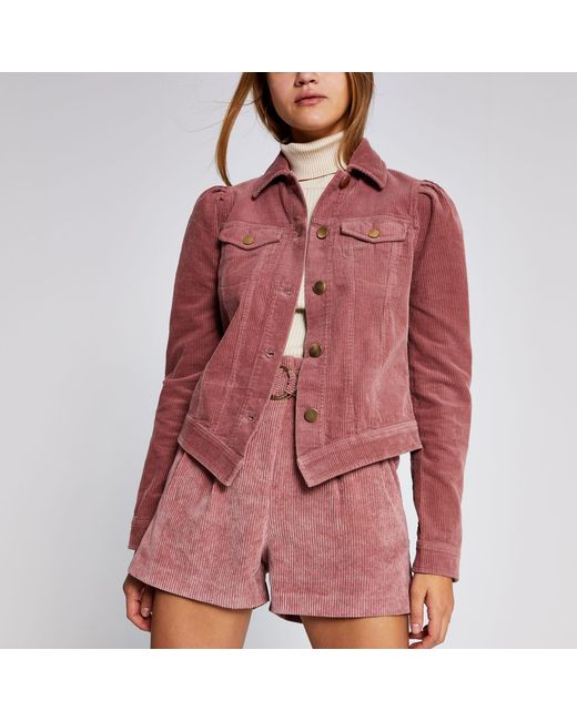 River Island Pink Corduroy Puff Sleeve Fitted Jacket Pink Corduroy Paperbag Belted Shorts