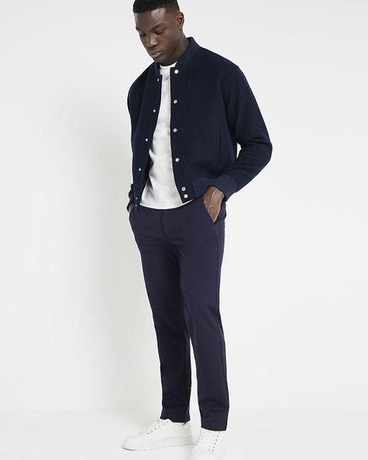 River Island Blue Navy Slim Fit Pull On Twill Joggers for men