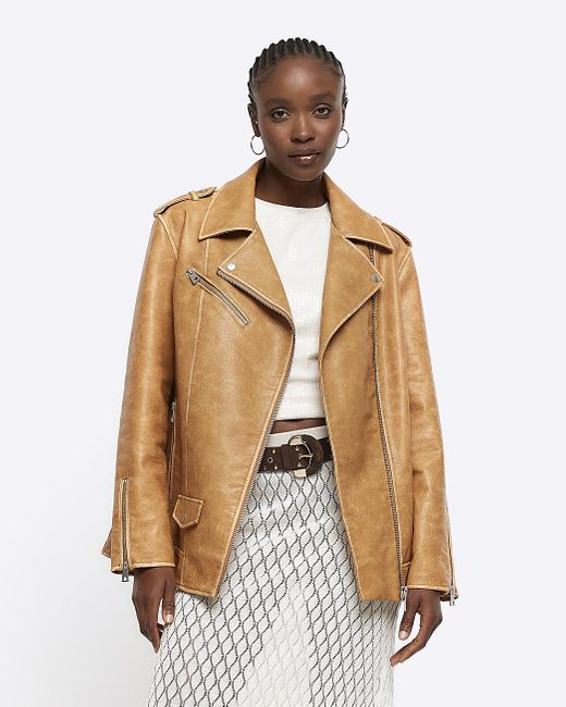 River Island White Brown Oversized Faux Leather Biker Jacket