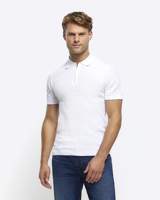 River Island White Muscle Fit Knitted Half Zip Polo for men