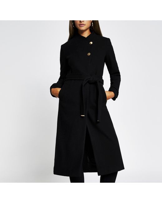 River Island Synthetic Black Belted Wrap Coat | Lyst UK