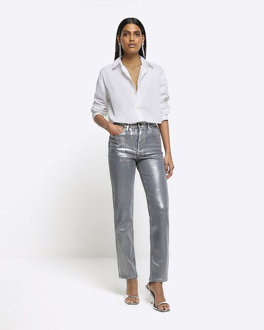 River Island White Silver Slim Straight Coated Jeans