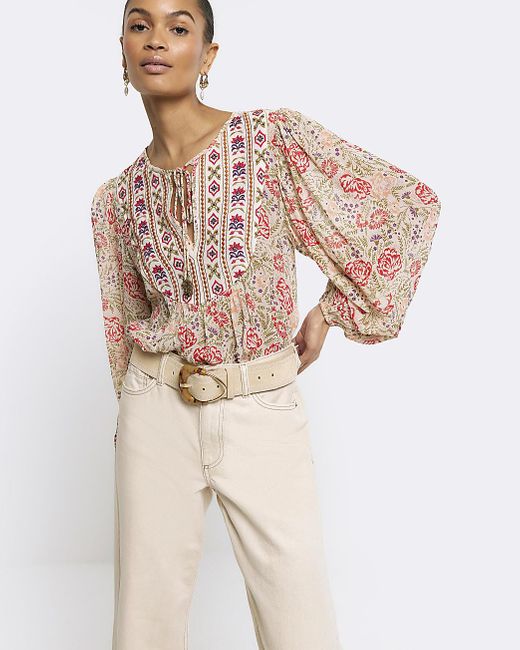 River Island Natural Cream Floral Embroidered Smock Top