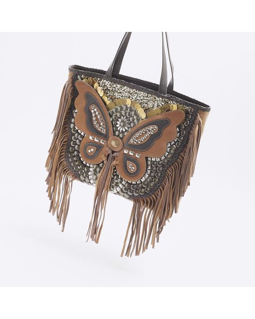 River Island Brown Leather Butterfly Studded Tote Bag