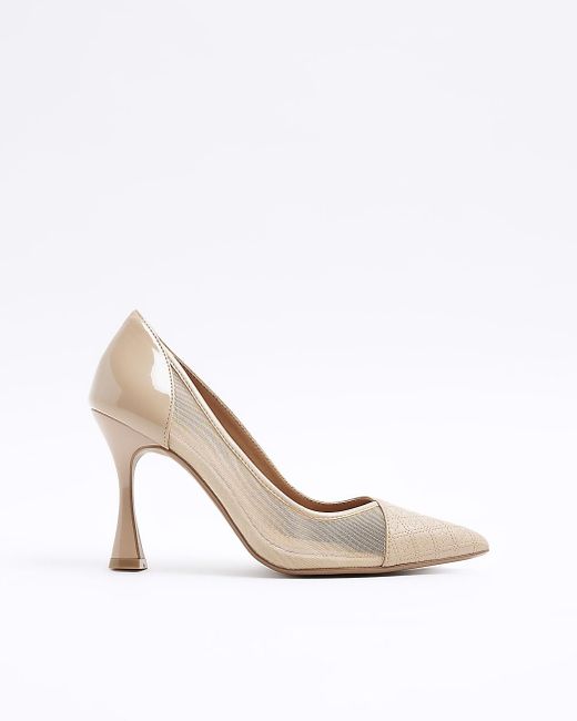 River Island White Beige Mesh Panel Heeled Court Shoes