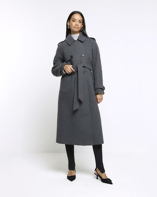 River Island Gray Grey Belted Longline Trench Coat