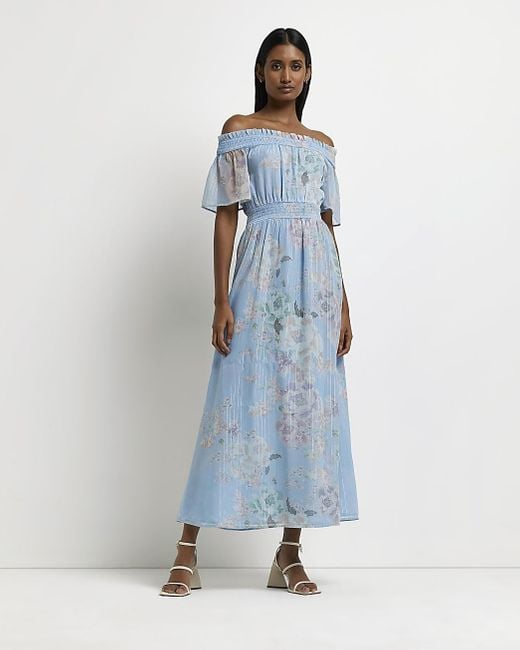 River Island Blue Floral Bardot Maxi Dress Lyst