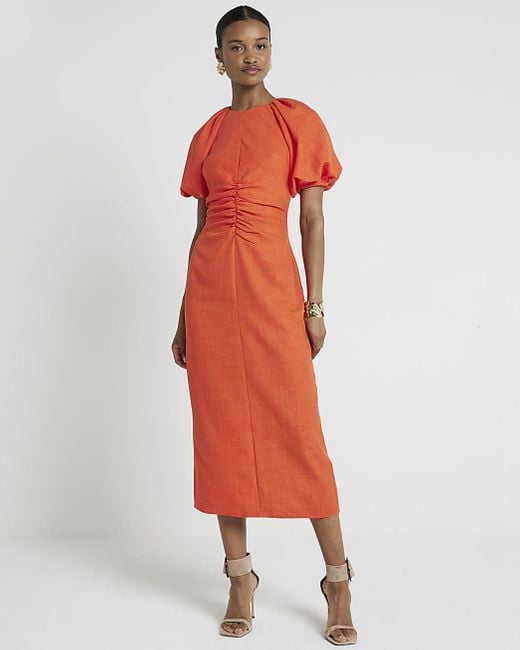River Island Red Coral Puffed Sleeves Ruched Midi Dress