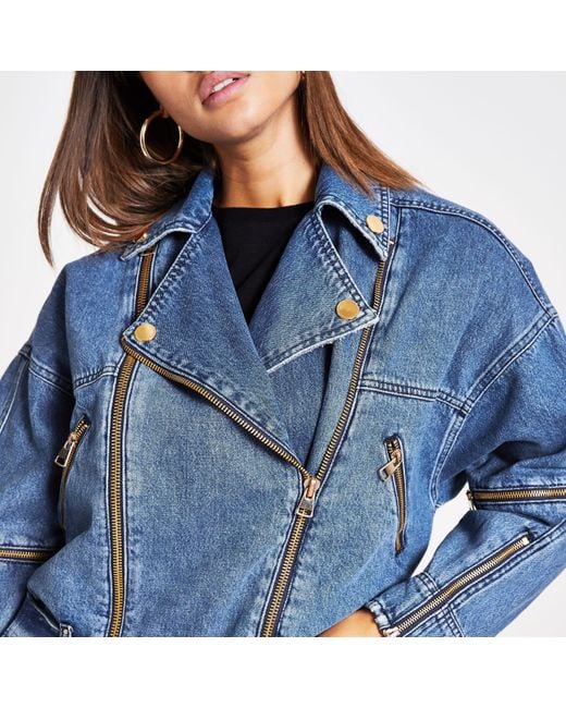 River Island Blue Belted Zip Front Biker Denim Jacket | Lyst UK