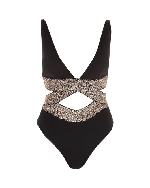 River Island Black Metallic Elastic Plunge Swimsuit | Lyst