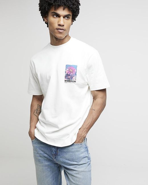 River Island White Regular Fit Floral Graphic T-shirt for men