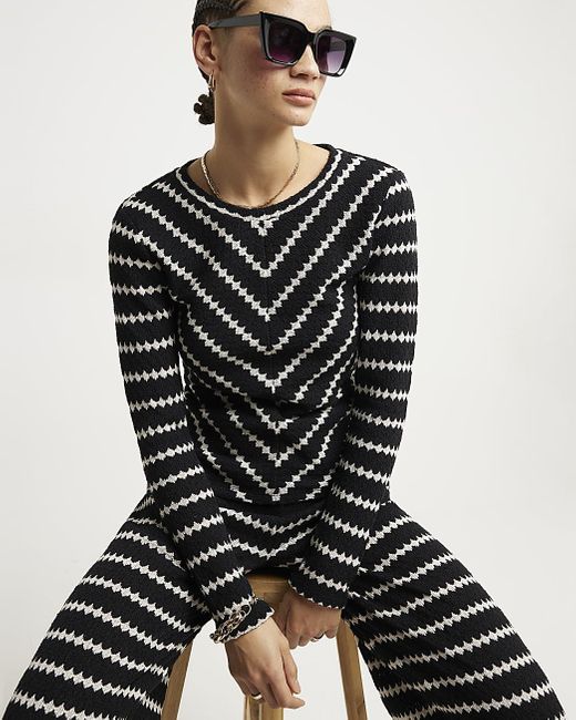 River Island White Black Crochet Stripe Long Sleeve Top