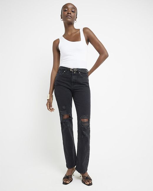 River Island Blue Black Relaxed Stove Straight Ripped Jeans