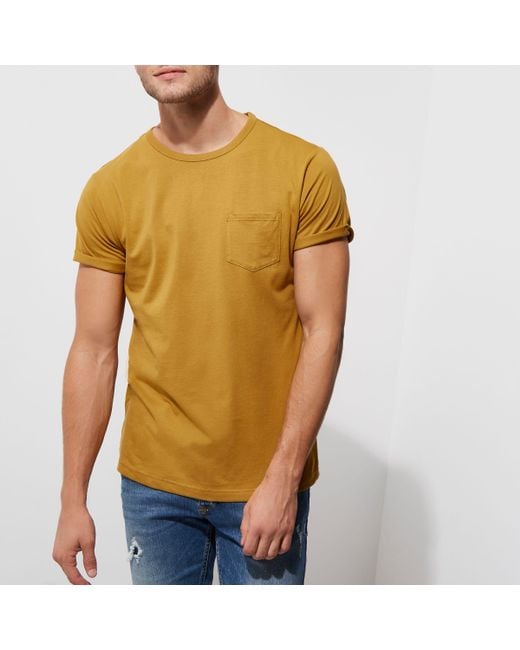 River Island Dark Yellow Rolled Sleeve Pocket T-shirt for men