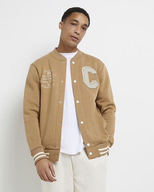 River Island Beige Regular Fit Varsity Bomber Jacket in Natural for Men |  Lyst Canada