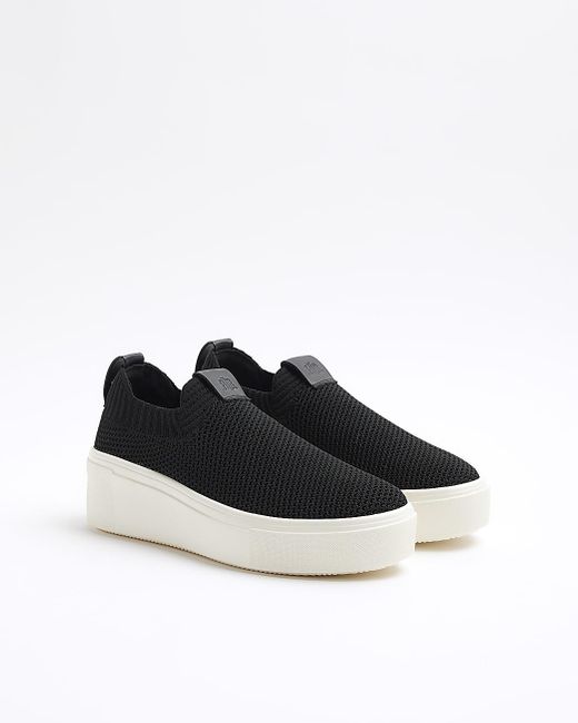 River Island White Black Slip On Knit Trainers