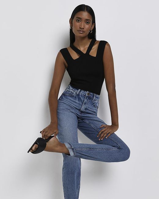 Blue High Waisted Mom Jeans | Lyst 