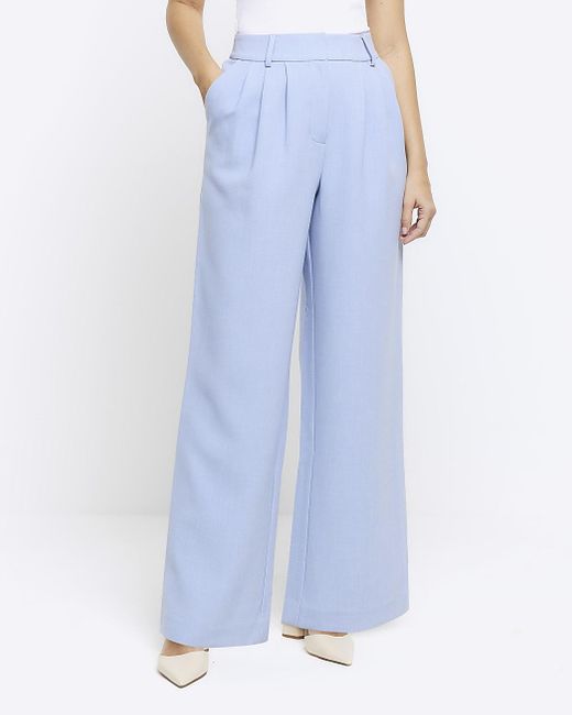 River Island Blue Pleated Detail Wide Leg Trousers