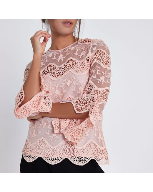 River Island Light Pink Lace Long Sleeve Top