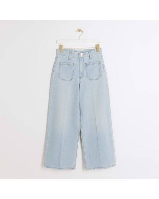 River Island Blue Pocket Front Wide Leg Crop Jeans