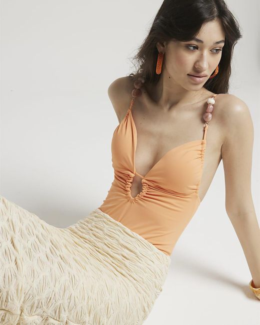River Island White Orange Beaded Plunge Swimsuit