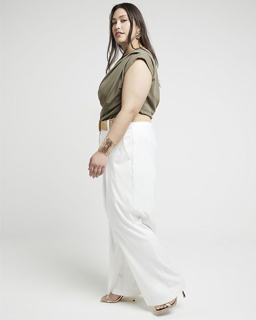 River Island Plus White Belted Wide Leg Trousers