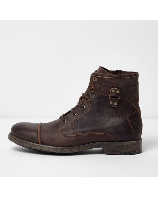 River Island Dark Brown Leather Lace-up Military Boots for men