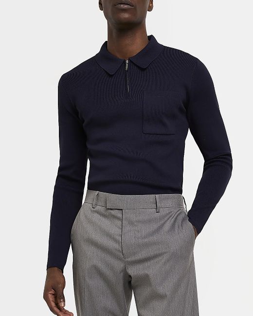 River Island Navy Muscle Fit Knit Long 