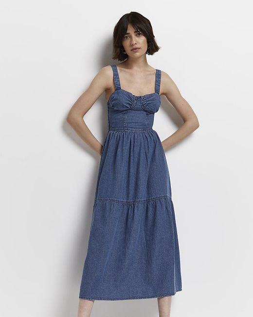 Blue Denim Smock Midi Dress | Lyst 