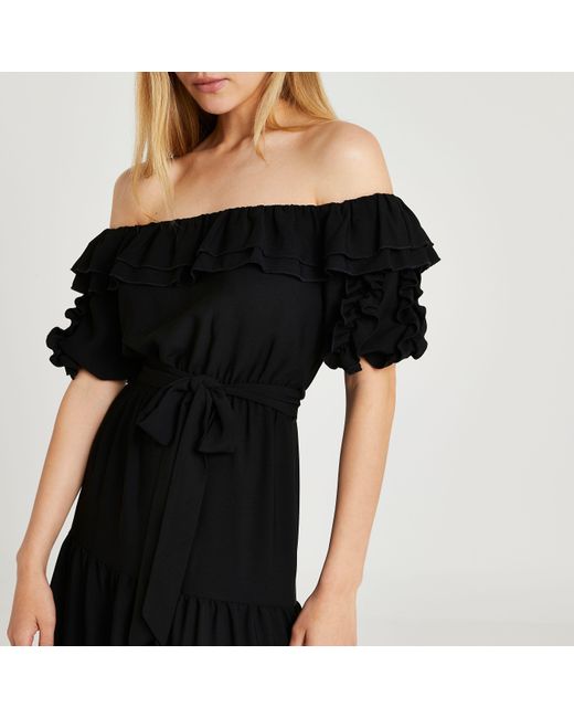 black bardot frill hem midi dress