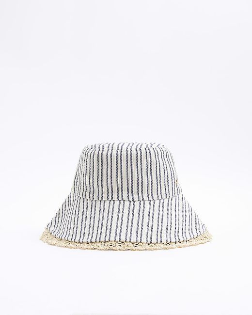 River Island White Blue Stripe Bucket Hat