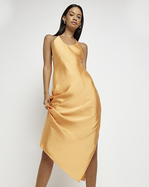 River Island Orange Satin Cowl Slip Midi Dress in Metallic Lyst