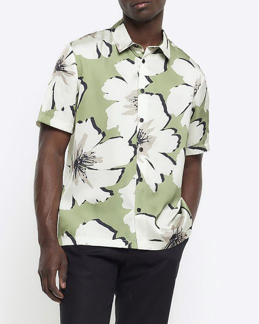 River Island Green Regular Fit Floral Short Sleeve Shirt for men