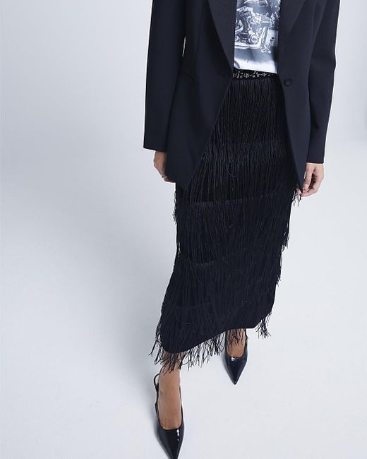 Black tassel fringe midi skirt discount