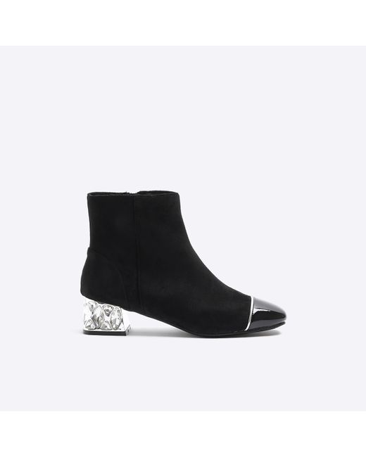 River Island Black Suedette Diamante Heel Ankle Boots