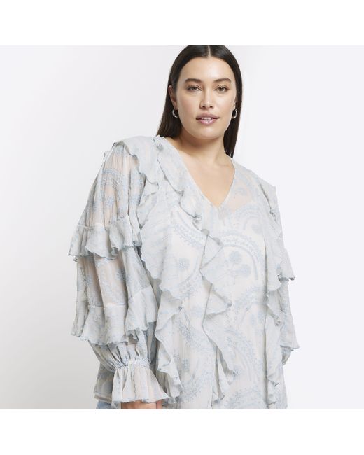 River Island Gray Plus Blue Embroidered Frill Blouse