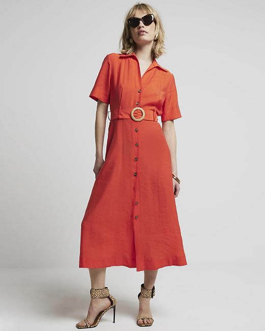 River Island Red Belted Button Up Midi Shirt Dress