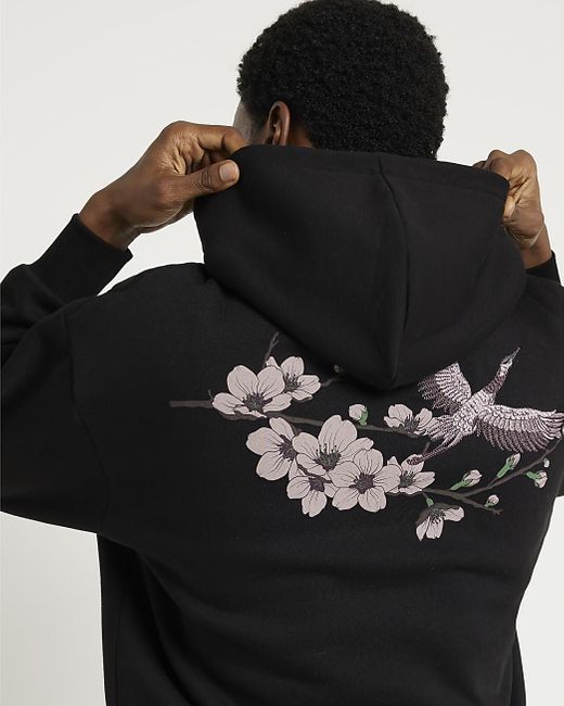 River Island Black Floral Embroidered Hoodie for men