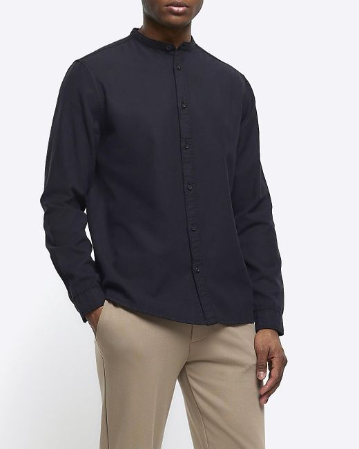 River Island Blue Black Slim Fit Grandad Collar Shirt for men