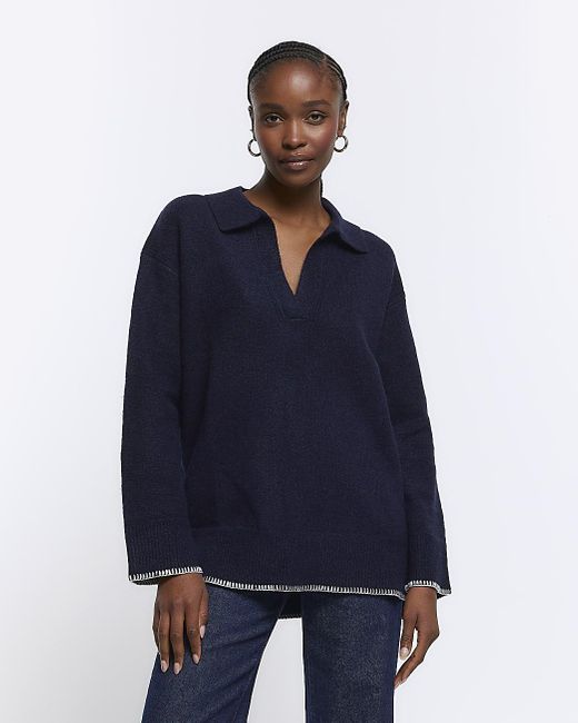 River Island Blue Navy Collared Cosy Jumper