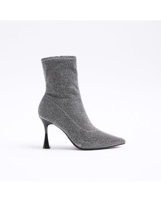 River Island Gray Silver Wide Fit Glitter Heeled Ankle Boots