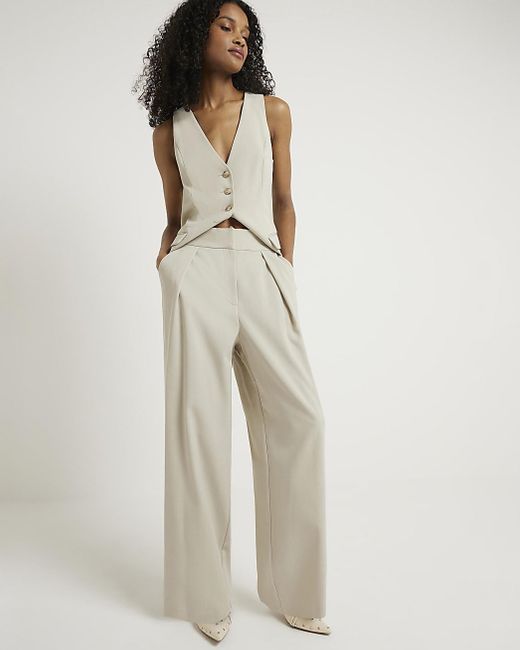 River Island White Wide Leg Pleated Trousers
