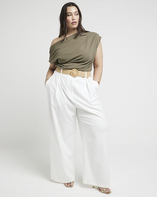 River Island Plus White Belted Wide Leg Trousers