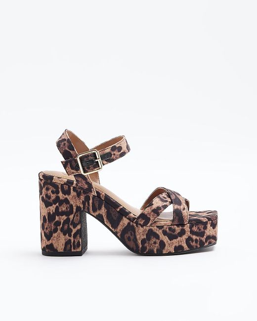 River Island Pink Brown Strap Leopard Print Platform Sandals