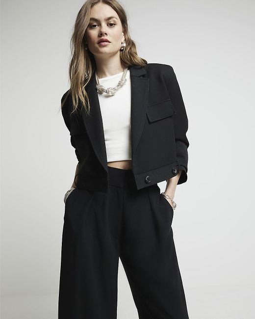 River Island Black Wide Leg Pleated Cropped Trousers