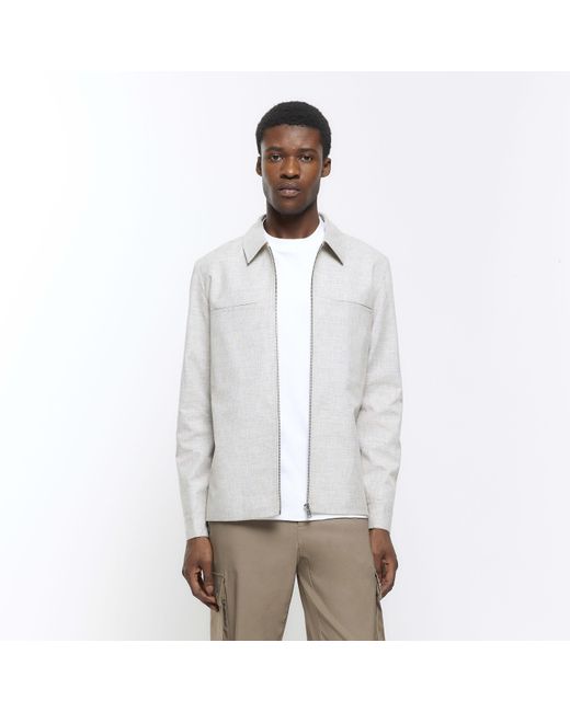 River Island White Grey Slim Fit Textured Harrington Jacket for men