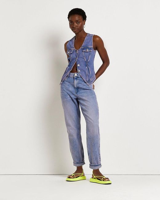 Blue High Waisted Mom Jeans | Lyst 