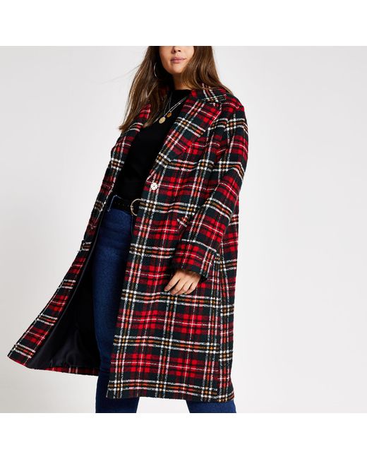Red Tartan Check Longline Coat | Lyst 