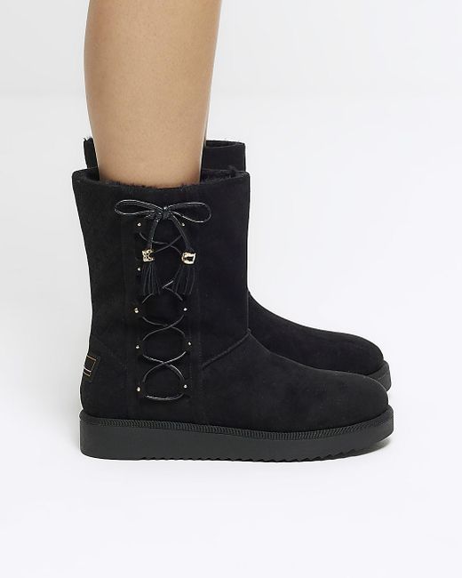 River Island Black Suedette Embossed Ankle Boots