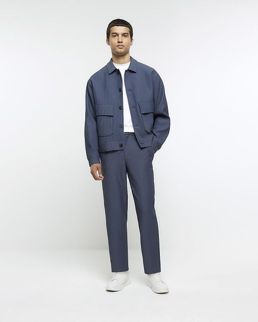 River Island Blue Regular Fit Plisse Harrington Jacket for Men | Lyst